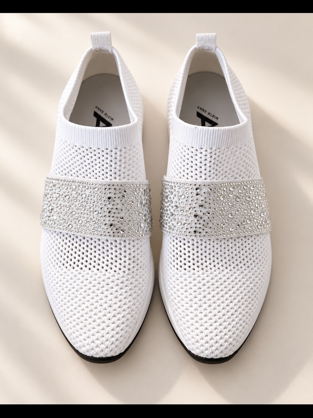 Anne Klein White Knit Slip-On Sneakers with Crystal Strap